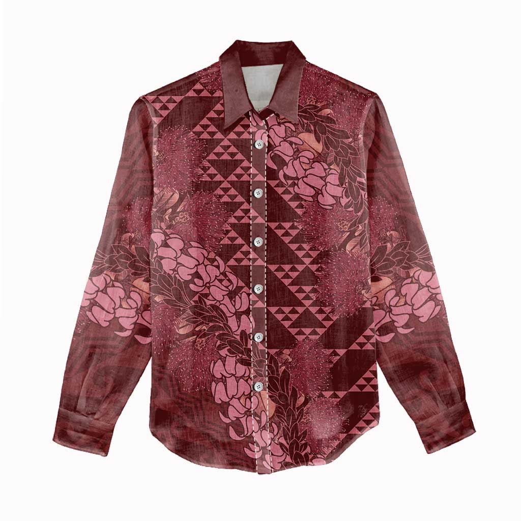 Maroon Aloha Hawaii Women Casual Shirt Hawaiian Kakau Ohia Lehua Lei - Polynesian Pride