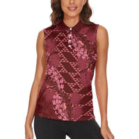 Maroon Aloha Hawaii Women Sleeveless Polo Shirt Hawaiian Kakau Ohia Lehua Lei - Polynesian Pride