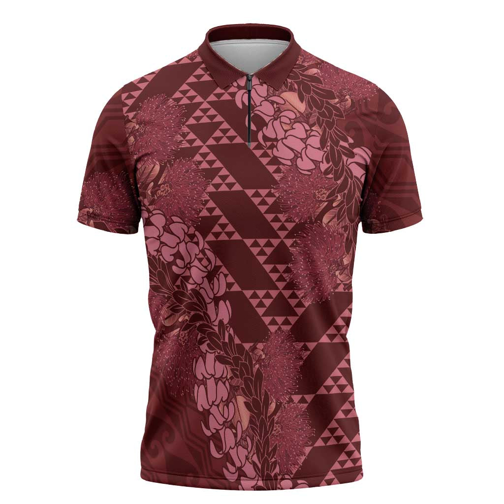 Maroon Aloha Hawaii Zipper Polo Shirt Hawaiian Kakau Ohia Lehua Lei - Polynesian Pride