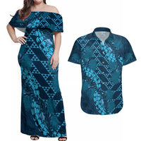 Naval Night Aloha Hawaii Couples Matching Off Shoulder Maxi Dress and Hawaiian Shirt Hawaiian Kakau Ohia Lehua Lei - Polynesian Pride