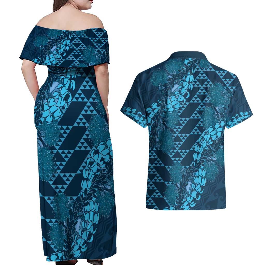 Naval Night Aloha Hawaii Couples Matching Off Shoulder Maxi Dress and Hawaiian Shirt Hawaiian Kakau Ohia Lehua Lei - Polynesian Pride