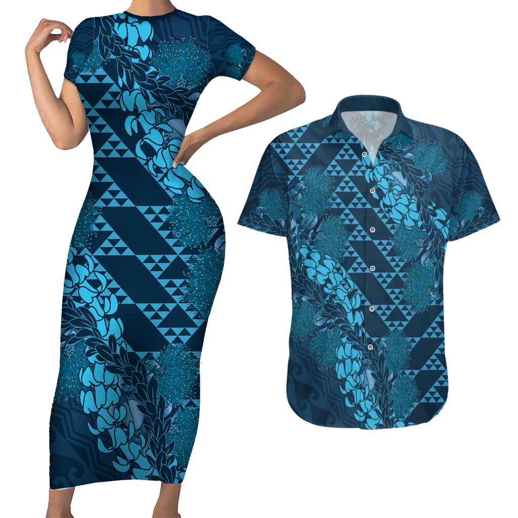 Naval Night Aloha Hawaii Couples Matching Short Sleeve Bodycon Dress and Hawaiian Shirt Hawaiian Kakau Ohia Lehua Lei - Polynesian Pride