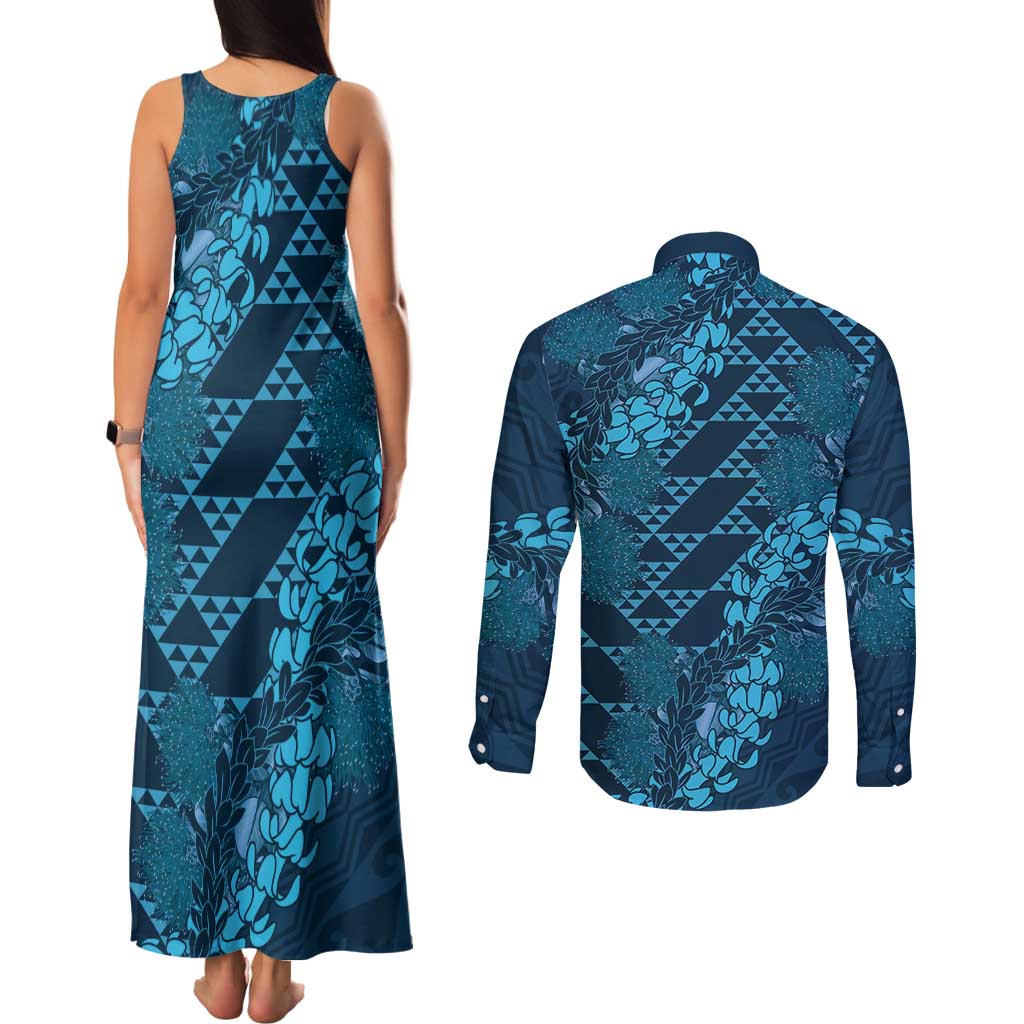 Naval Night Aloha Hawaii Couples Matching Tank Maxi Dress and Long Sleeve Button Shirt Hawaiian Kakau Ohia Lehua Lei - Polynesian Pride