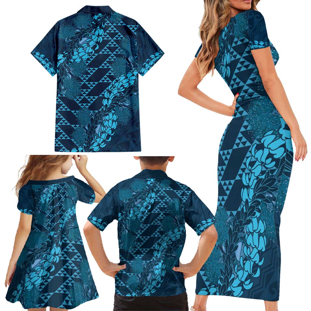 Naval Night Aloha Hawaii Family Matching Short Sleeve Bodycon Dress and Hawaiian Shirt Hawaiian Kakau Ohia Lehua Lei - Polynesian Pride