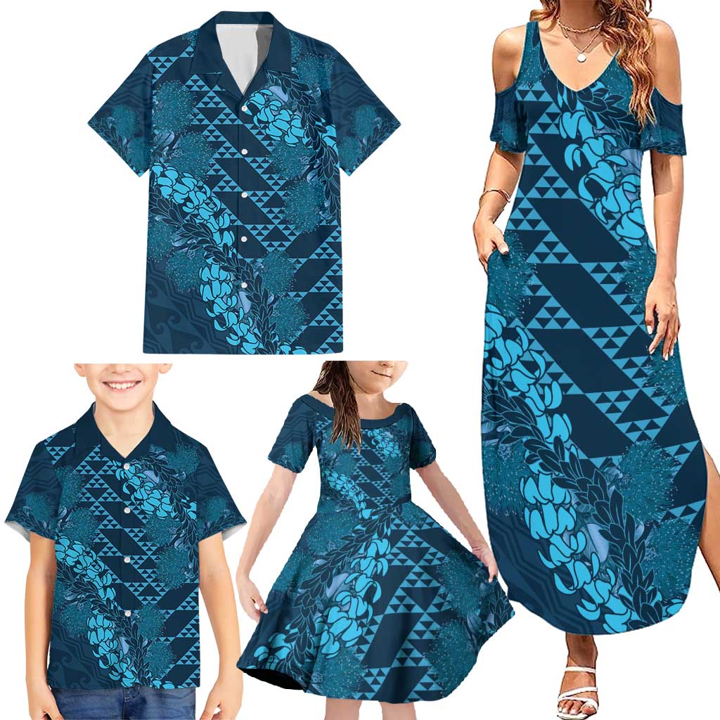 Naval Night Aloha Hawaii Family Matching Summer Maxi Dress and Hawaiian Shirt Hawaiian Kakau Ohia Lehua Lei - Polynesian Pride