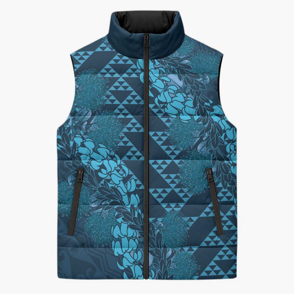 Naval Night Aloha Hawaii Sleeveless Puffer Jacket Hawaiian Kakau Ohia Lehua Lei - Polynesian Pride