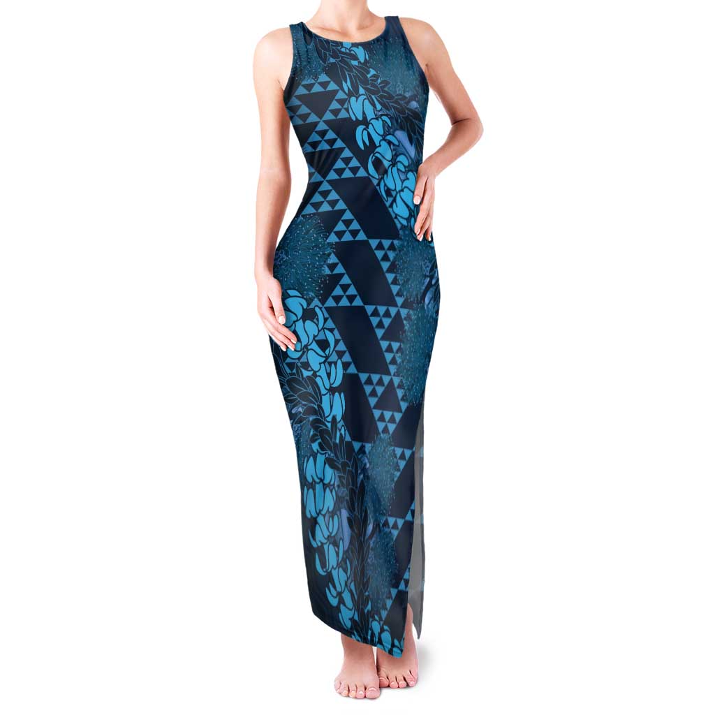 Naval Night Aloha Hawaii Tank Maxi Dress Hawaiian Kakau Ohia Lehua Lei - Polynesian Pride