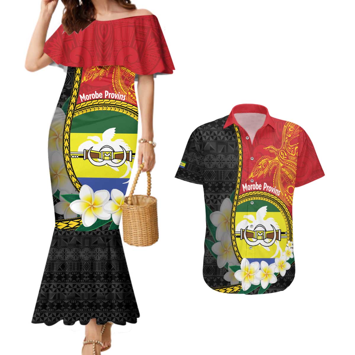 Personalised PNG Morobe Provins Couples Matching Mermaid Dress and Hawaiian Shirt Papua New Guinea Plumeria Melanesian Pattern - Polynesian Pride
