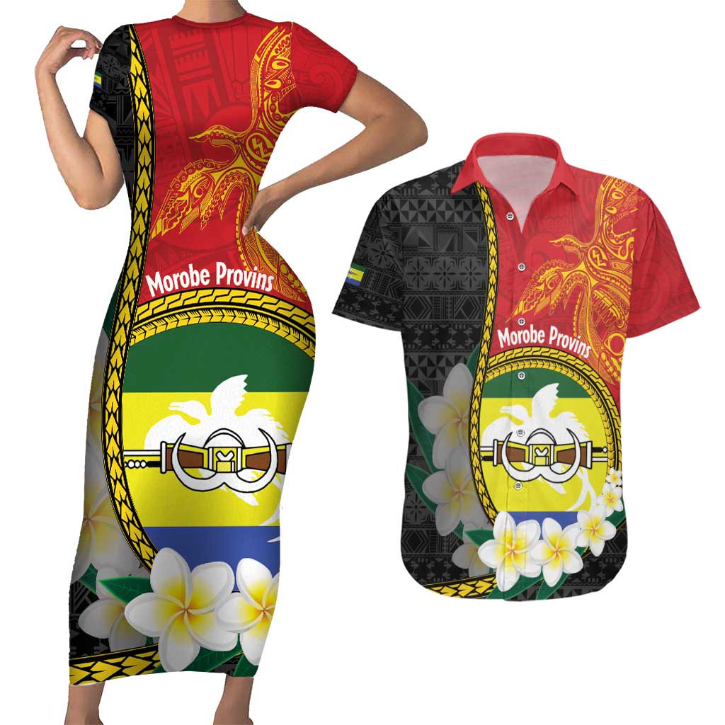 Personalised PNG Morobe Provins Couples Matching Short Sleeve Bodycon Dress and Hawaiian Shirt Papua New Guinea Plumeria Melanesian Pattern - Polynesian Pride