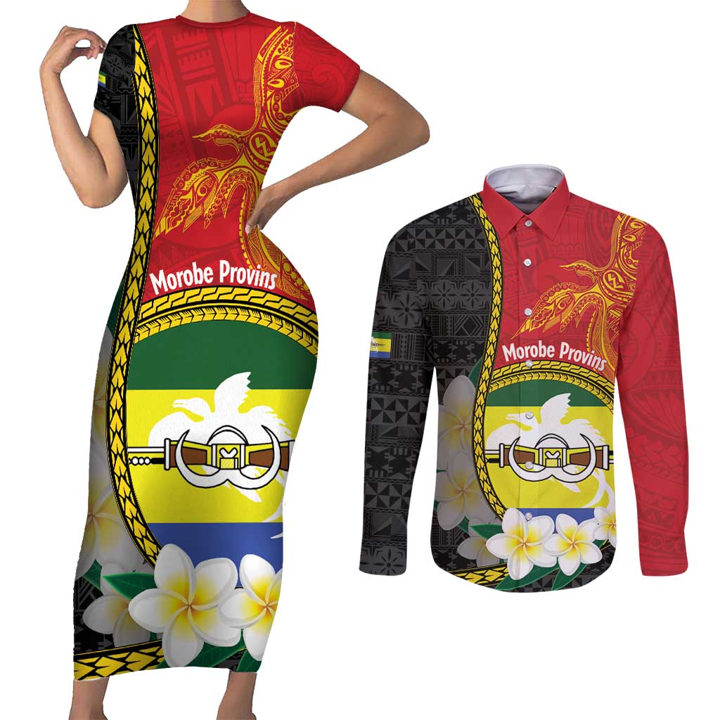 Personalised PNG Morobe Provins Couples Matching Short Sleeve Bodycon Dress and Long Sleeve Button Shirt Papua New Guinea Plumeria Melanesian Pattern - Polynesian Pride