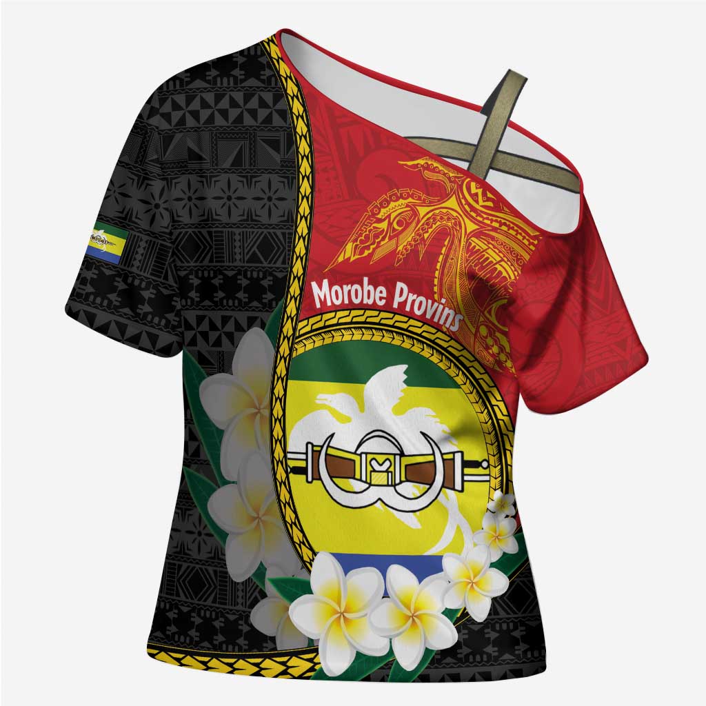 Personalised PNG Morobe Provins Cross Shoulder Shirt Papua New Guinea Plumeria Melanesian Pattern LT14 Female Red - Polynesian Pride
