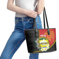 Personalised PNG Morobe Provins Leather Tote Bag Papua New Guinea Plumeria Melanesian Pattern - Polynesian Pride