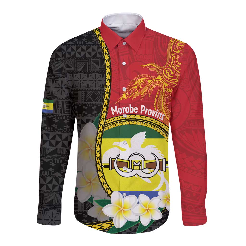 Personalised PNG Morobe Provins Long Sleeve Button Shirt Papua New Guinea Plumeria Melanesian Pattern LT14 Unisex Red - Polynesian Pride