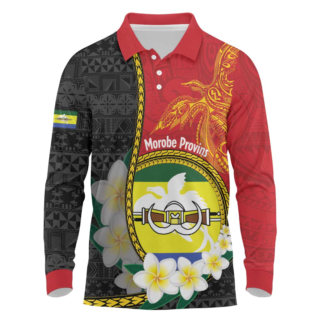 Personalised PNG Morobe Provins Long Sleeve Polo Shirt Papua New Guinea Plumeria Melanesian Pattern LT14 Red - Polynesian Pride