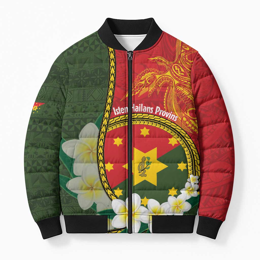 Personalised PNG Isten Hailans Provins Bomber Puffer Jacket Papua New Guinea Plumeria Melanesian Pattern LT14 Green - Polynesian Pride