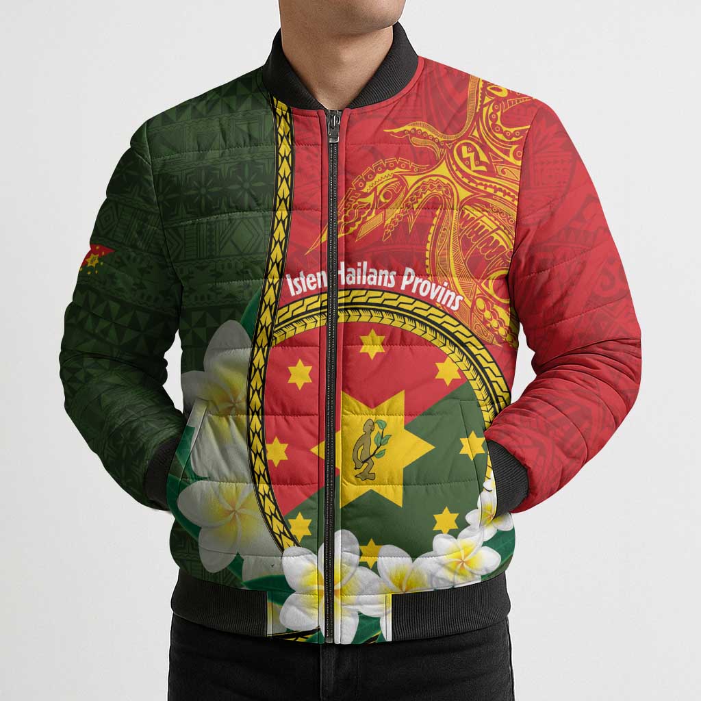 Personalised PNG Isten Hailans Provins Bomber Puffer Jacket Papua New Guinea Plumeria Melanesian Pattern LT14 - Polynesian Pride