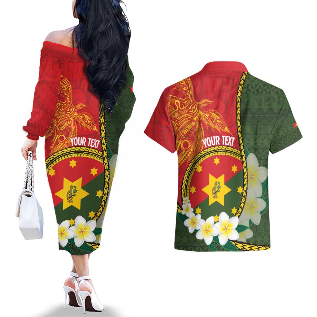 Personalised PNG Isten Hailans Provins Couples Matching Off The Shoulder Long Sleeve Dress and Hawaiian Shirt Papua New Guinea Plumeria Melanesian Pattern - Polynesian Pride