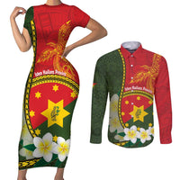 Personalised PNG Isten Hailans Provins Couples Matching Short Sleeve Bodycon Dress and Long Sleeve Button Shirt Papua New Guinea Plumeria Melanesian Pattern - Polynesian Pride