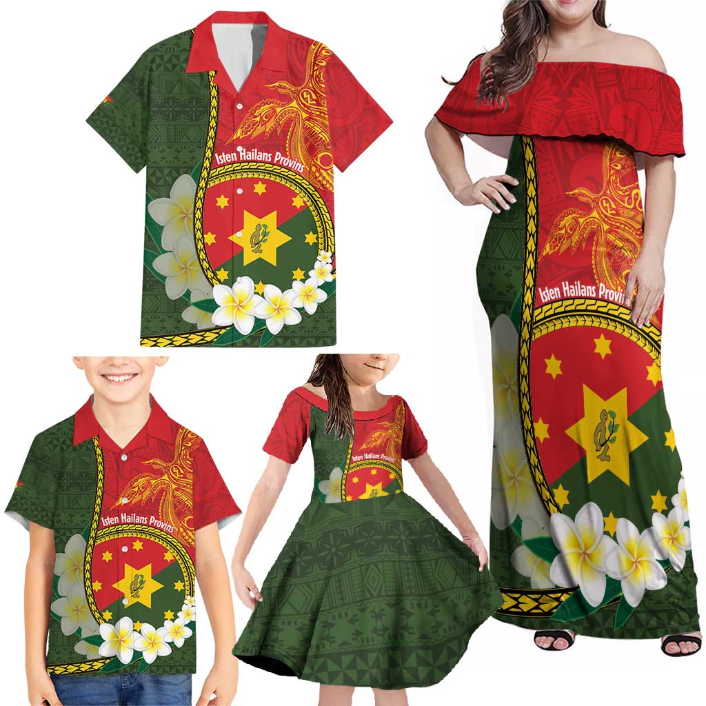Personalised PNG Isten Hailans Provins Family Matching Off Shoulder Maxi Dress and Hawaiian Shirt Papua New Guinea Plumeria Melanesian Pattern - Polynesian Pride