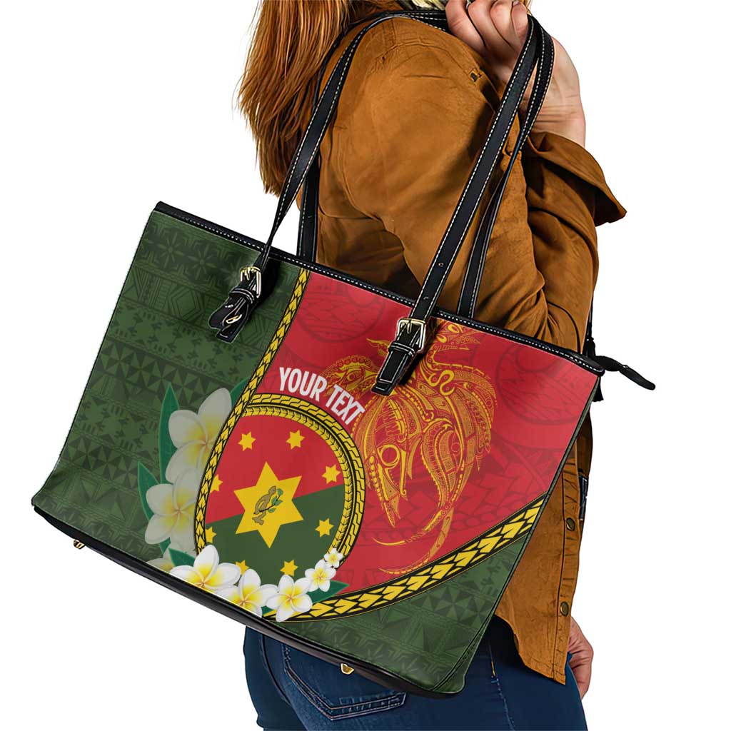 Personalised PNG Isten Hailans Provins Leather Tote Bag Papua New Guinea Plumeria Melanesian Pattern - Polynesian Pride