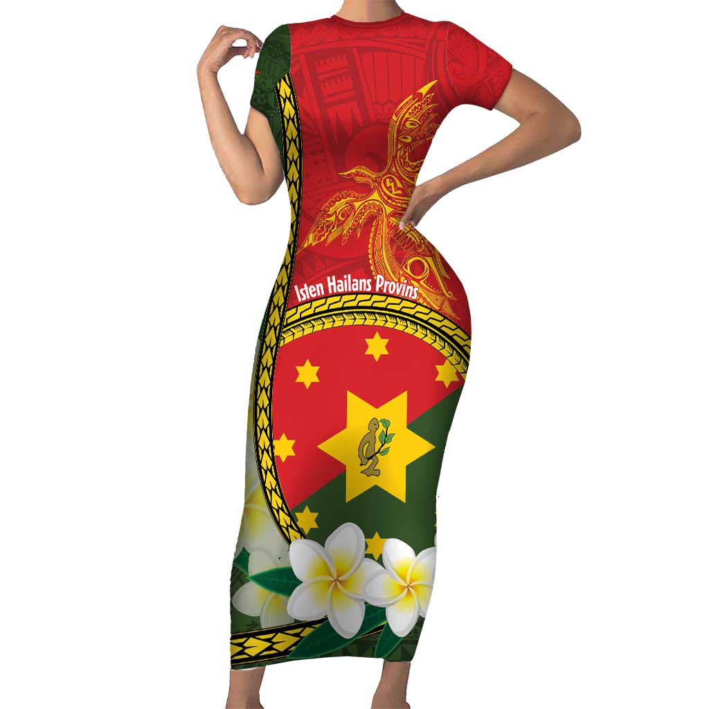 Personalised PNG Isten Hailans Provins Short Sleeve Bodycon Dress Papua New Guinea Plumeria Melanesian Pattern - Polynesian Pride