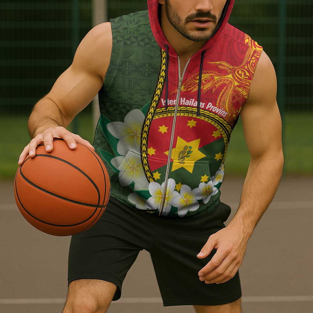 Personalised PNG Isten Hailans Provins Sleeveless Zip Hoodie Papua New Guinea Plumeria Melanesian Pattern - Polynesian Pride