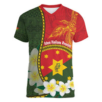 Personalised PNG Isten Hailans Provins Women V-Neck T-Shirt Papua New Guinea Plumeria Melanesian Pattern - Polynesian Pride