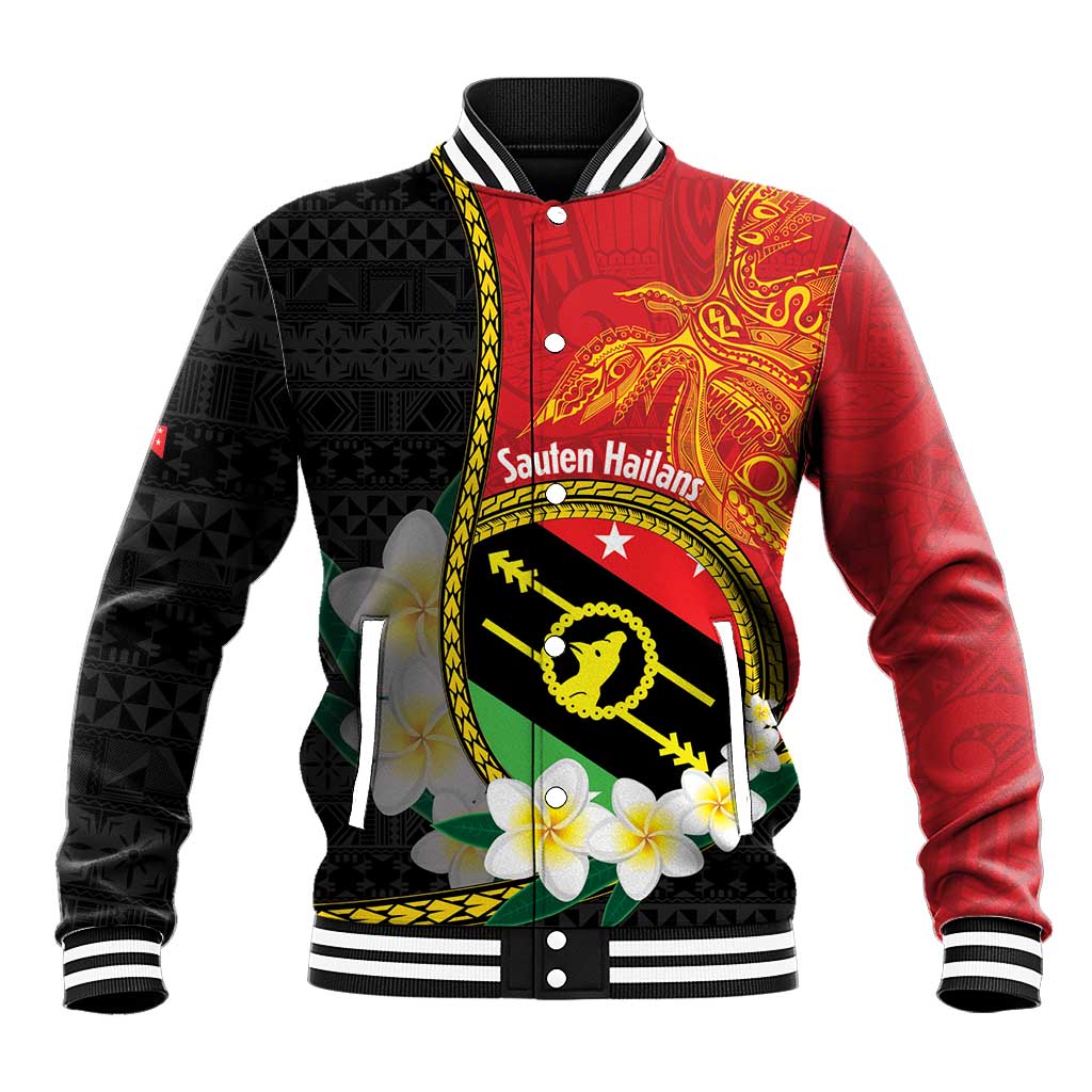 Personalised PNG Sauten Hailans Baseball Jacket Papua New Guinea Plumeria Melanesian Pattern LT14 Unisex Red - Polynesian Pride