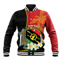 Personalised PNG Sauten Hailans Baseball Jacket Papua New Guinea Plumeria Melanesian Pattern LT14 Unisex Red - Polynesian Pride