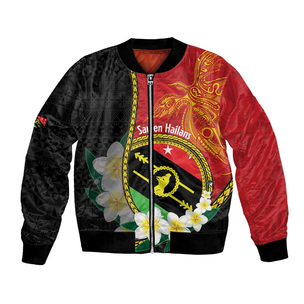 Personalised PNG Sauten Hailans Bomber Jacket Papua New Guinea Plumeria Melanesian Pattern - Polynesian Pride