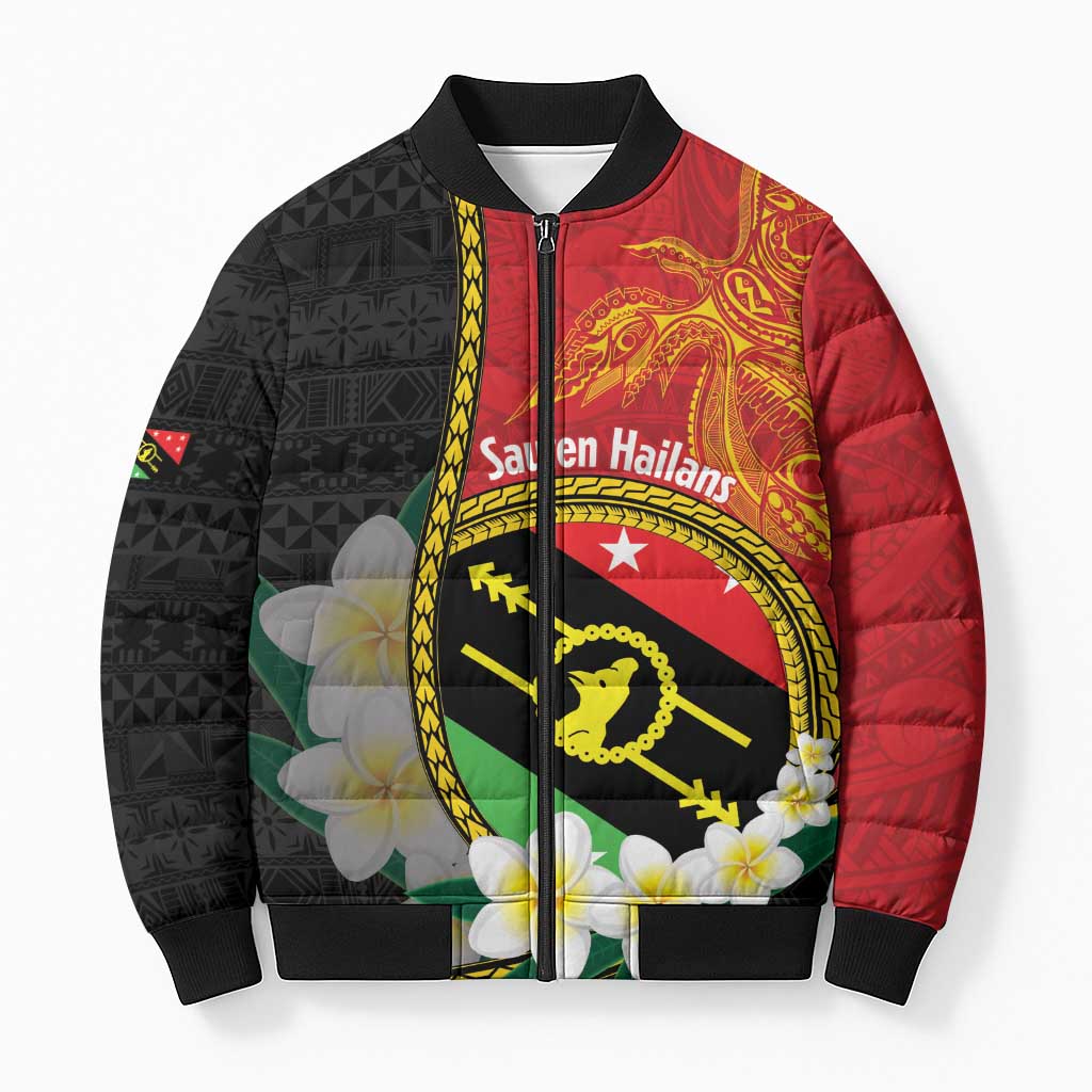 Personalised PNG Sauten Hailans Bomber Puffer Jacket Papua New Guinea Plumeria Melanesian Pattern LT14 Red - Polynesian Pride