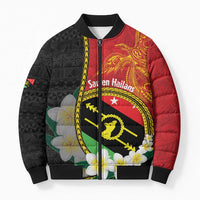 Personalised PNG Sauten Hailans Bomber Puffer Jacket Papua New Guinea Plumeria Melanesian Pattern LT14 Red - Polynesian Pride