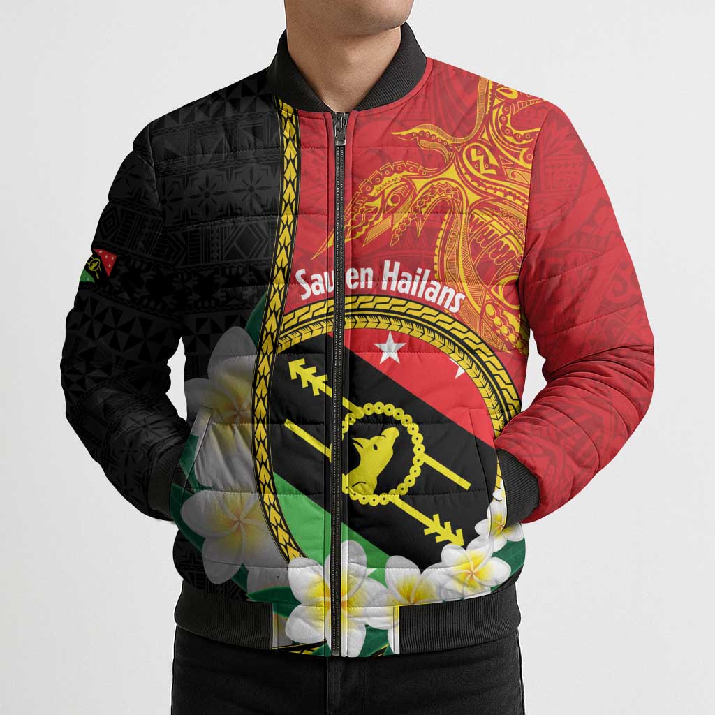 Personalised PNG Sauten Hailans Bomber Puffer Jacket Papua New Guinea Plumeria Melanesian Pattern LT14 - Polynesian Pride