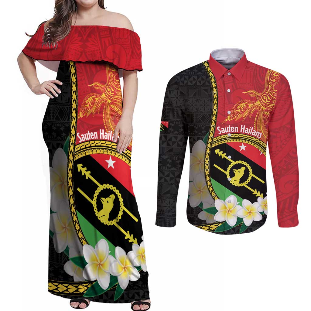 Personalised PNG Sauten Hailans Couples Matching Off Shoulder Maxi Dress and Long Sleeve Button Shirt Papua New Guinea Plumeria Melanesian Pattern LT14 Red - Polynesian Pride
