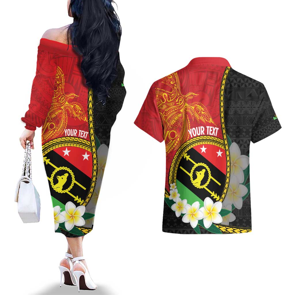 Personalised PNG Sauten Hailans Couples Matching Off The Shoulder Long Sleeve Dress and Hawaiian Shirt Papua New Guinea Plumeria Melanesian Pattern - Polynesian Pride