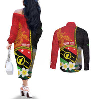 Personalised PNG Sauten Hailans Couples Matching Off The Shoulder Long Sleeve Dress and Long Sleeve Button Shirt Papua New Guinea Plumeria Melanesian Pattern - Polynesian Pride