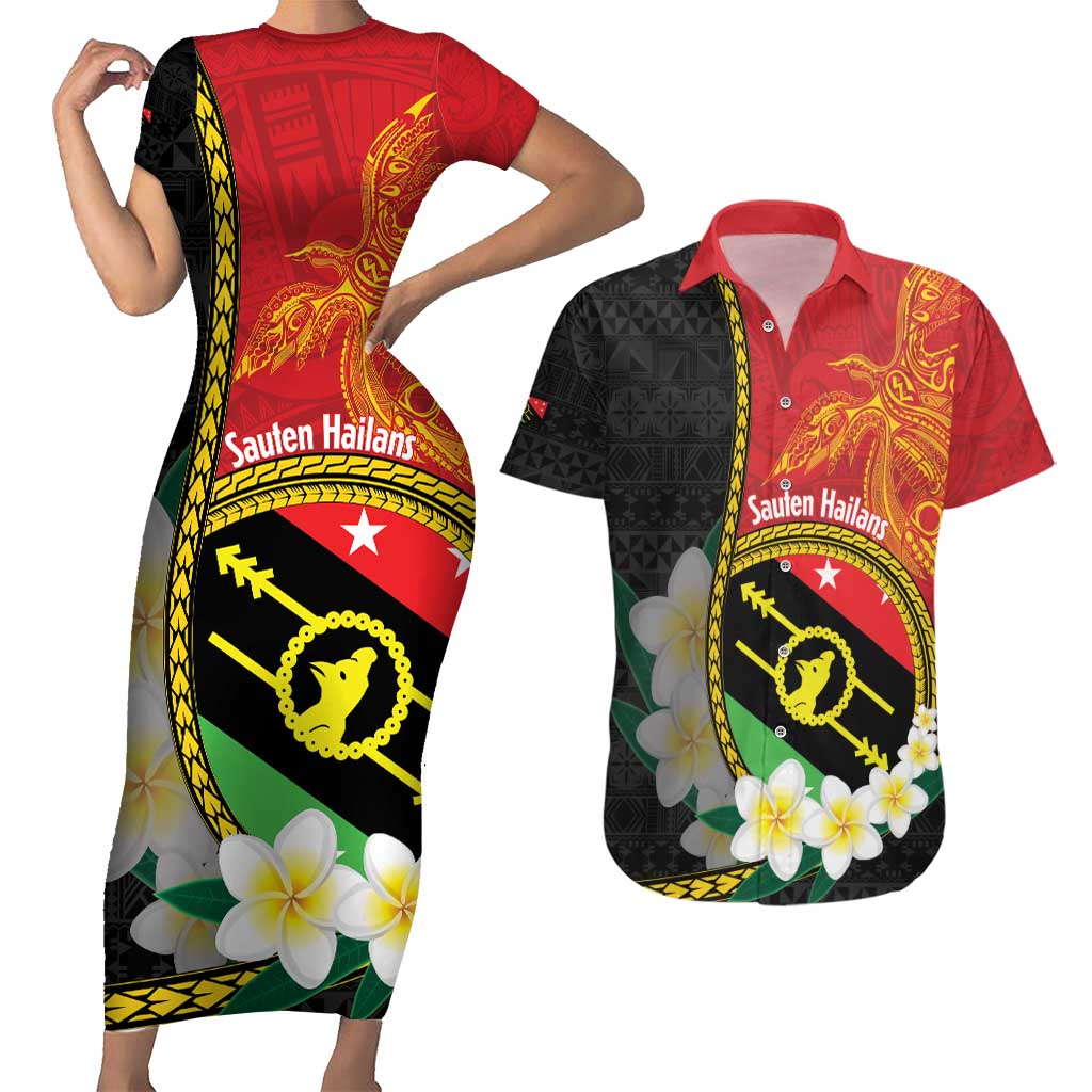 Personalised PNG Sauten Hailans Couples Matching Short Sleeve Bodycon Dress and Hawaiian Shirt Papua New Guinea Plumeria Melanesian Pattern - Polynesian Pride