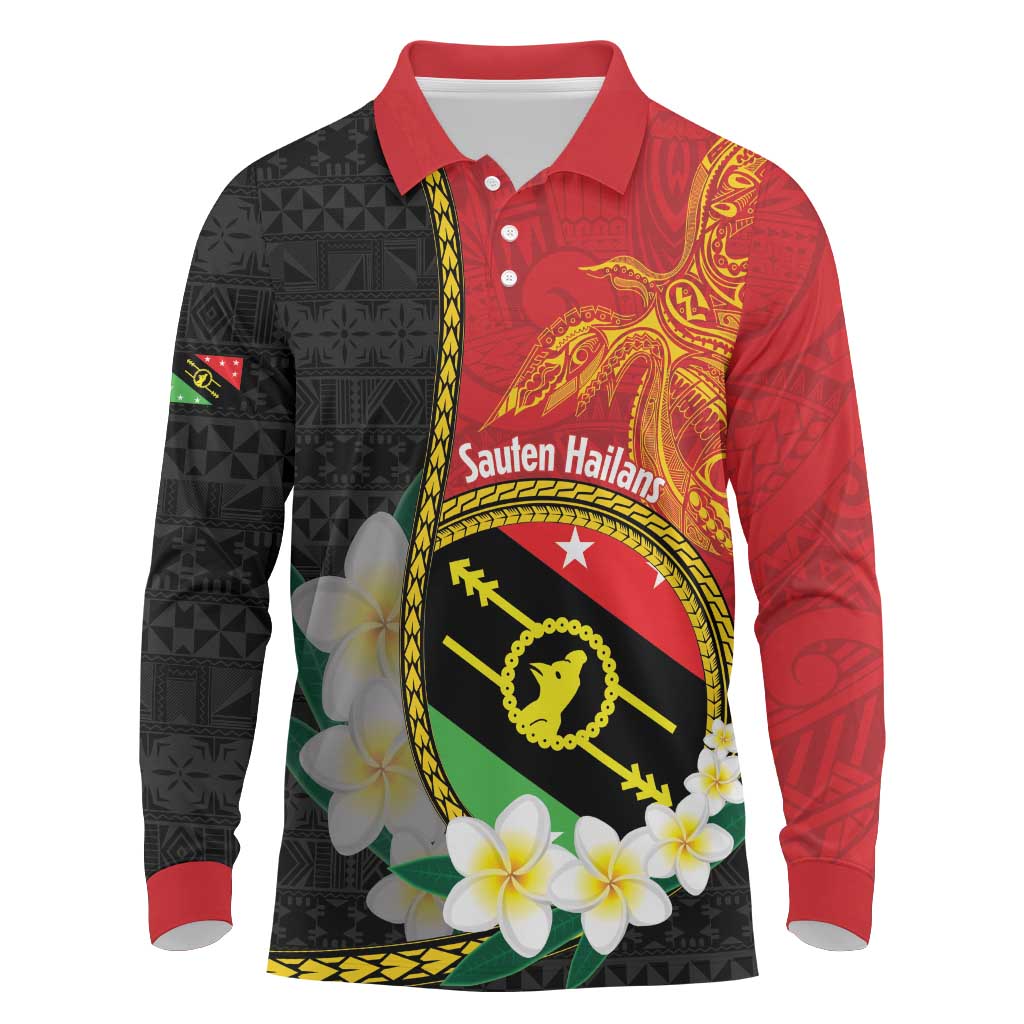 Personalised PNG Sauten Hailans Long Sleeve Polo Shirt Papua New Guinea Plumeria Melanesian Pattern LT14 Red - Polynesian Pride