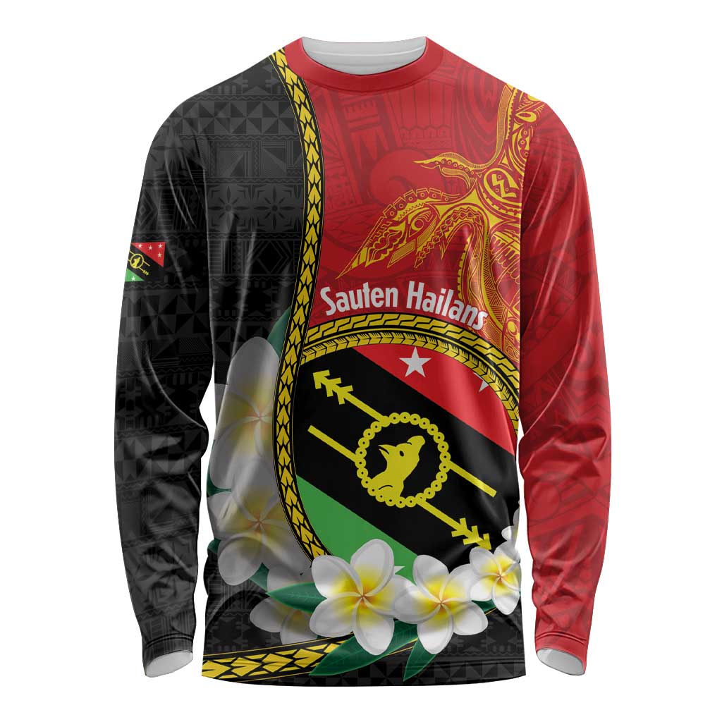 Personalised PNG Sauten Hailans Long Sleeve Shirt Papua New Guinea Plumeria Melanesian Pattern LT14 Unisex Red - Polynesian Pride
