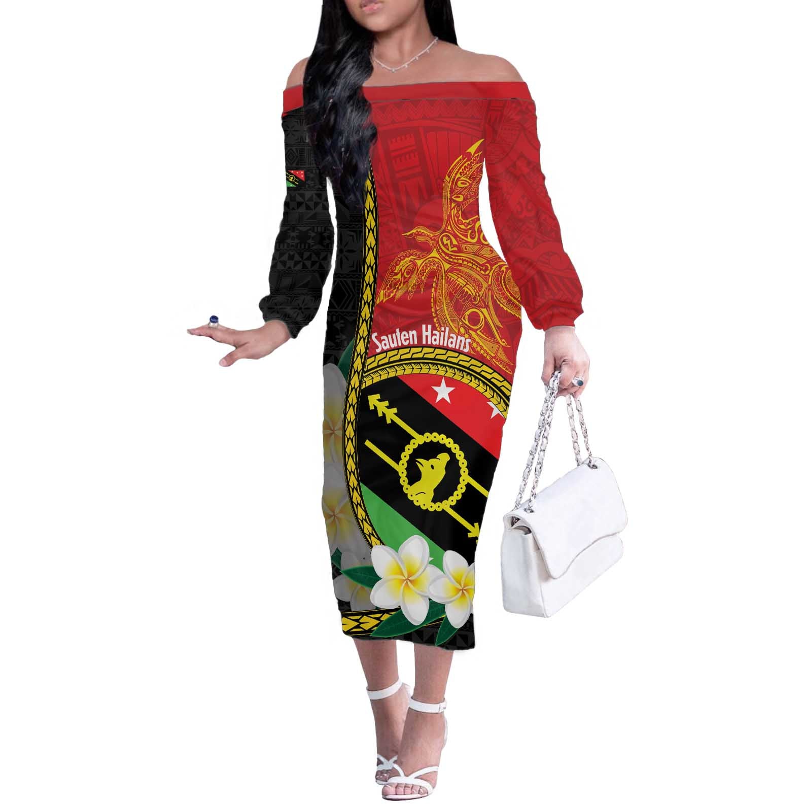 Personalised PNG Sauten Hailans Off The Shoulder Long Sleeve Dress Papua New Guinea Plumeria Melanesian Pattern - Polynesian Pride