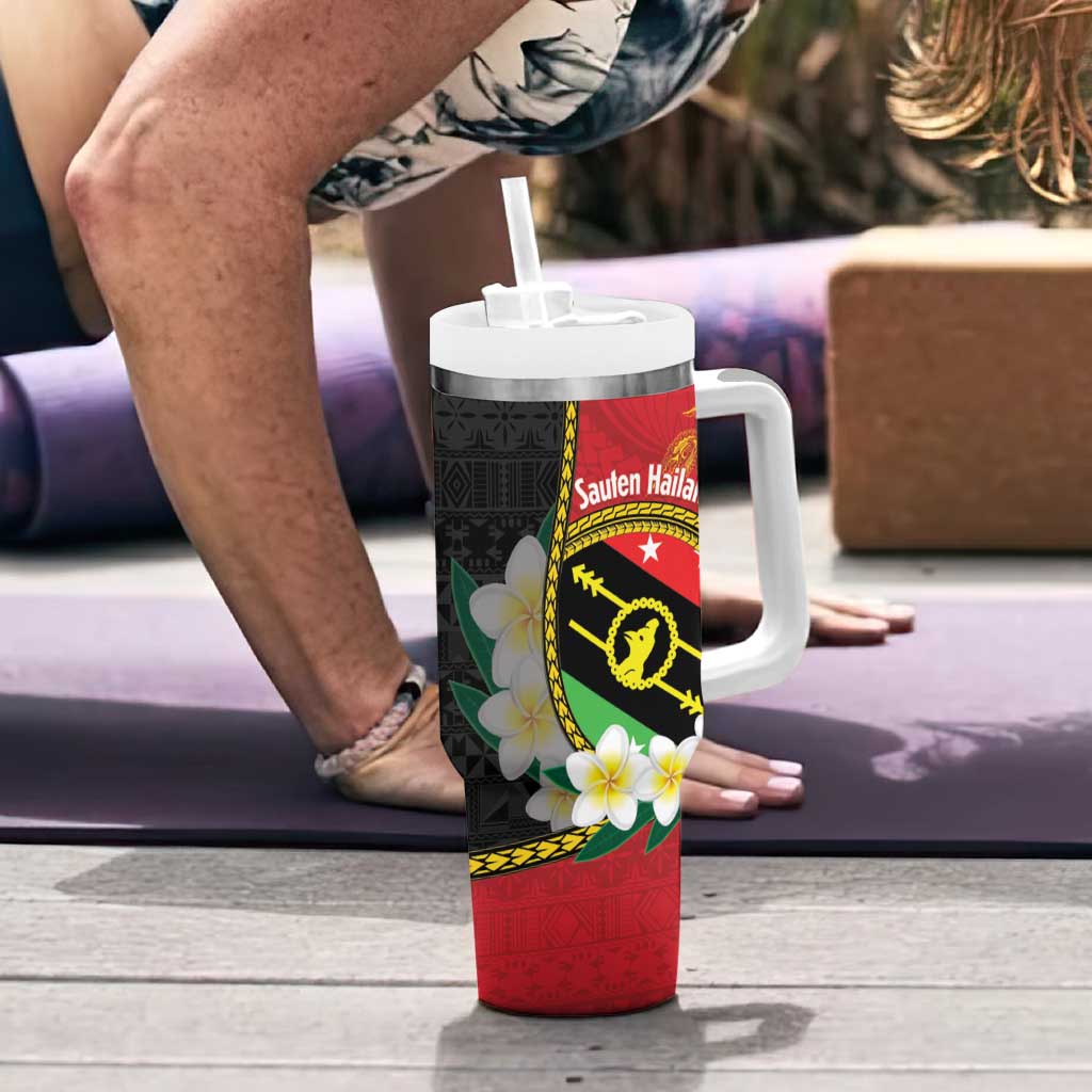 Personalised PNG Sauten Hailans Tumbler With Handle Papua New Guinea Plumeria Melanesian Pattern - Polynesian Pride