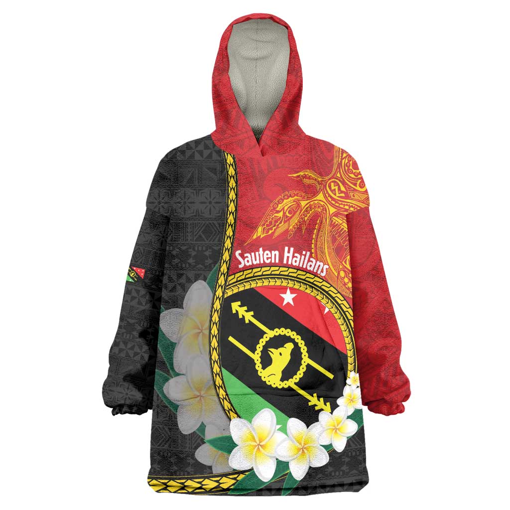 Personalised PNG Sauten Hailans Wearable Blanket Hoodie Papua New Guinea Plumeria Melanesian Pattern LT14 One Size Red - Polynesian Pride