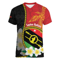 Personalised PNG Sauten Hailans Women V-Neck T-Shirt Papua New Guinea Plumeria Melanesian Pattern - Polynesian Pride