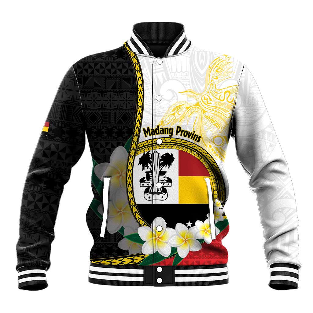 Personalised PNG Madang Provins Baseball Jacket Papua New Guinea Plumeria Melanesian Pattern LT14 Unisex White - Polynesian Pride
