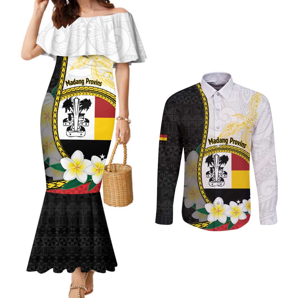 Personalised PNG Madang Provins Couples Matching Mermaid Dress and Long Sleeve Button Shirt Papua New Guinea Plumeria Melanesian Pattern LT14 White - Polynesian Pride