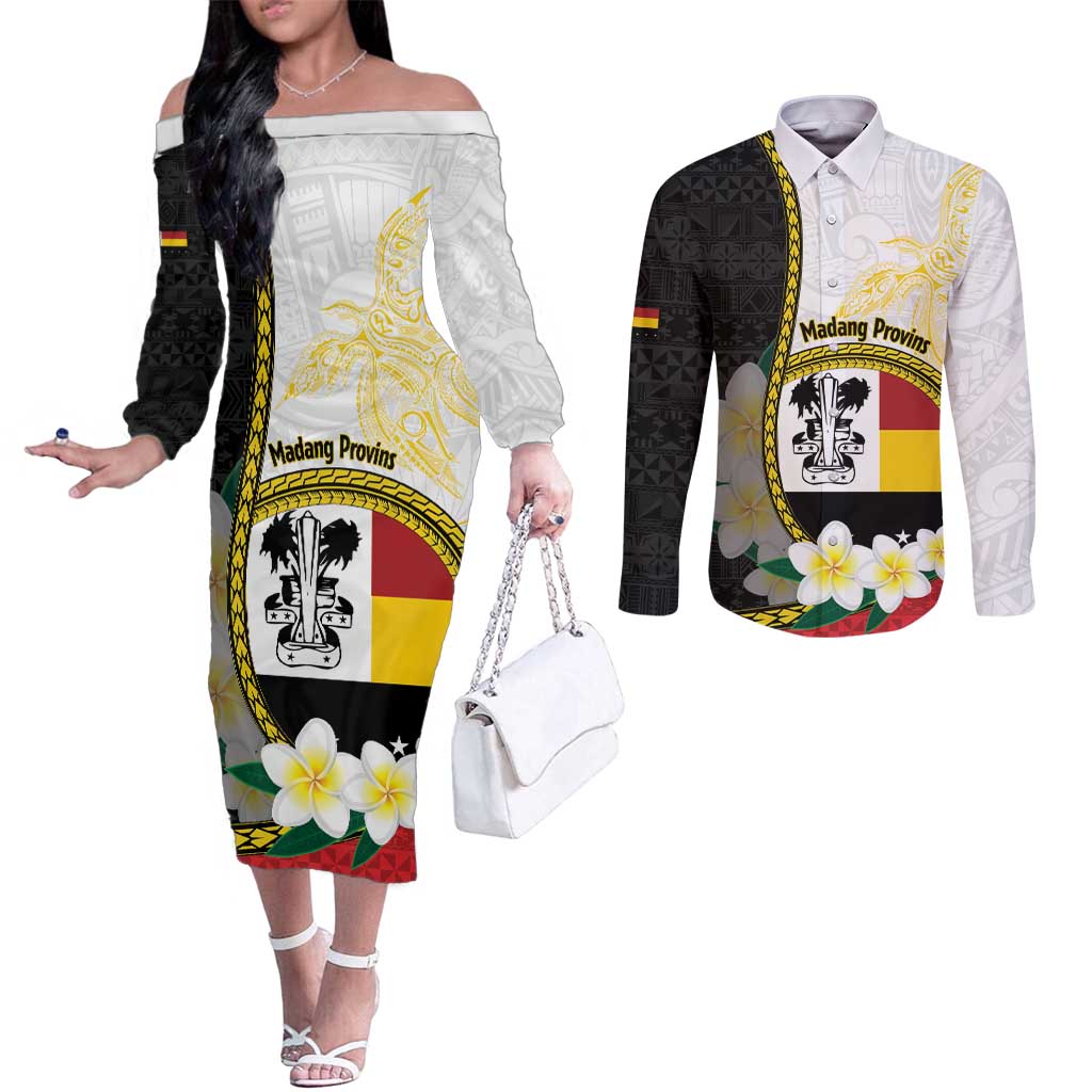 Personalised PNG Madang Provins Couples Matching Off The Shoulder Long Sleeve Dress and Long Sleeve Button Shirt Papua New Guinea Plumeria Melanesian Pattern LT14 White - Polynesian Pride