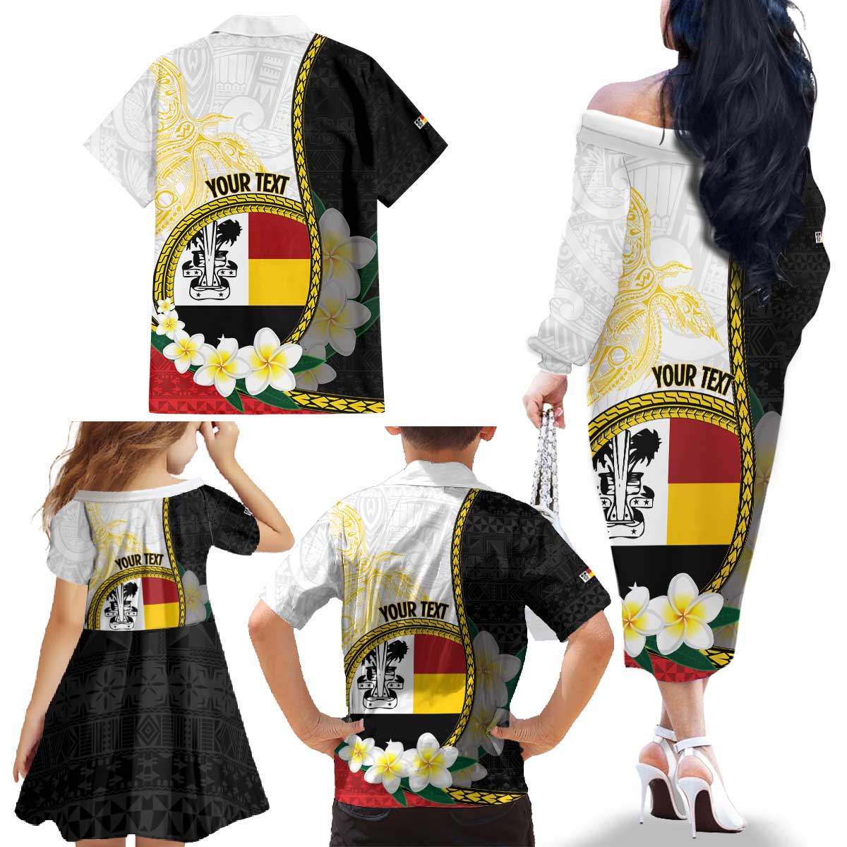 Personalised PNG Madang Provins Family Matching Off The Shoulder Long Sleeve Dress and Hawaiian Shirt Papua New Guinea Plumeria Melanesian Pattern - Polynesian Pride