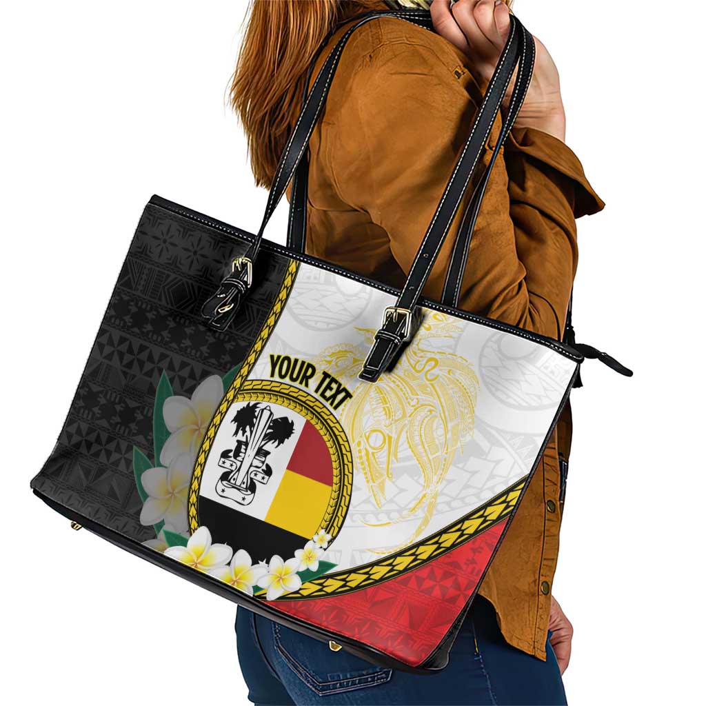 Personalised PNG Madang Provins Leather Tote Bag Papua New Guinea Plumeria Melanesian Pattern - Polynesian Pride