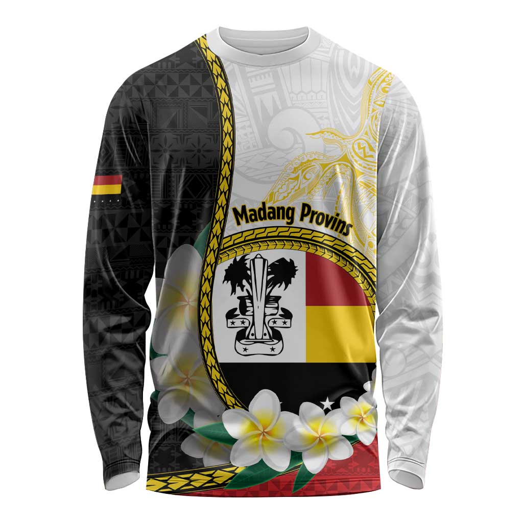 Personalised PNG Madang Provins Long Sleeve Shirt Papua New Guinea Plumeria Melanesian Pattern LT14 Unisex White - Polynesian Pride