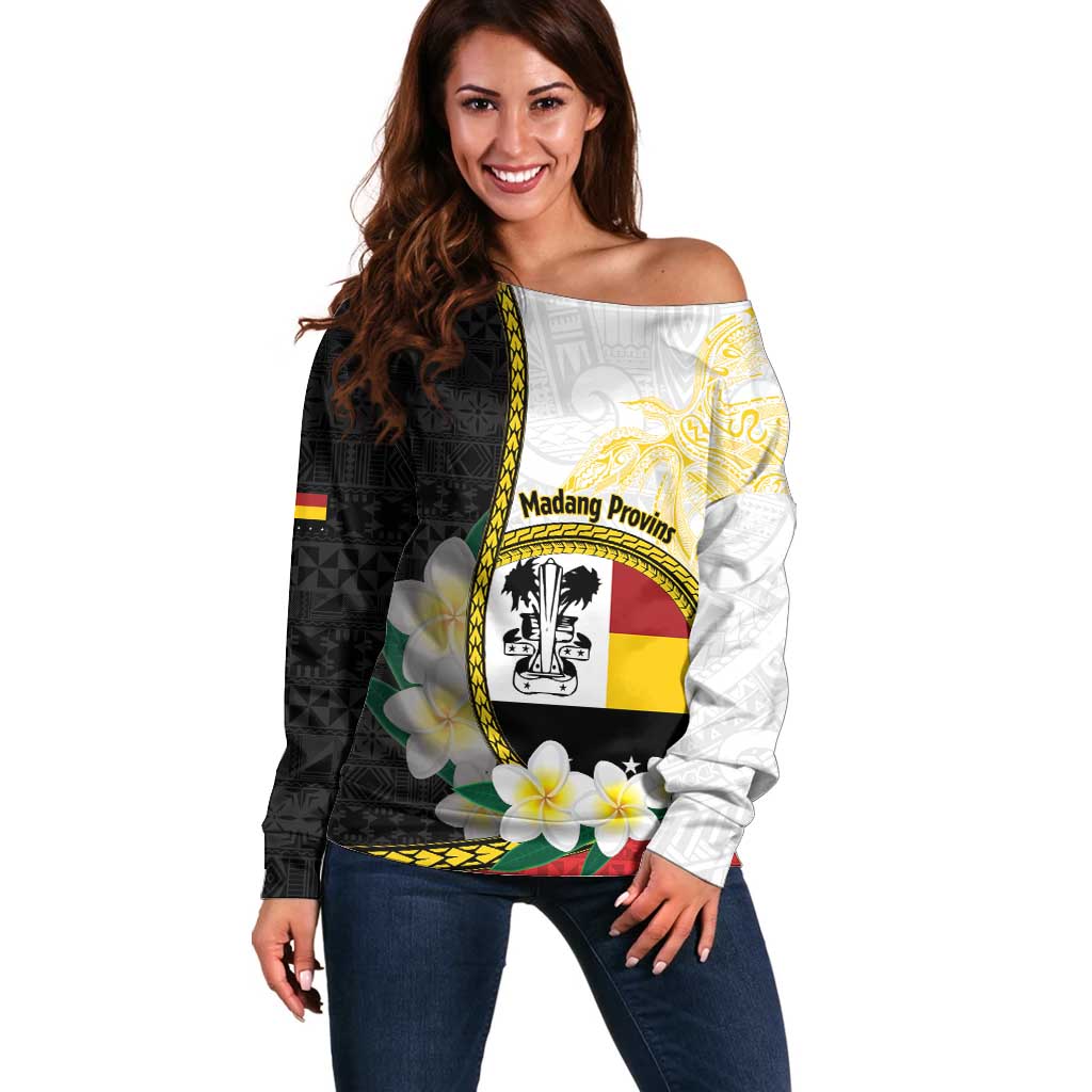 Personalised PNG Madang Provins Off Shoulder Sweater Papua New Guinea Plumeria Melanesian Pattern - Polynesian Pride